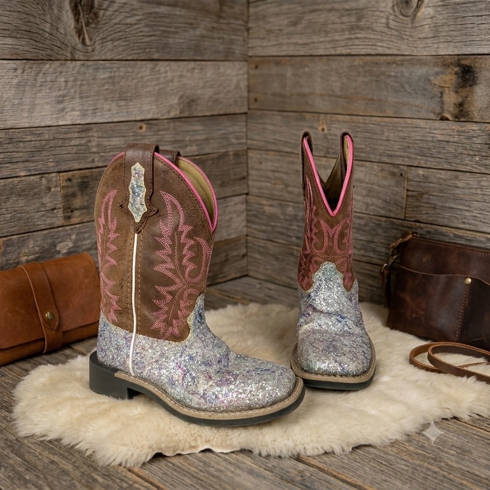 Smoky Mountain Boots Girls Silver Glitter Brown Leather Western Boots  Sz 11